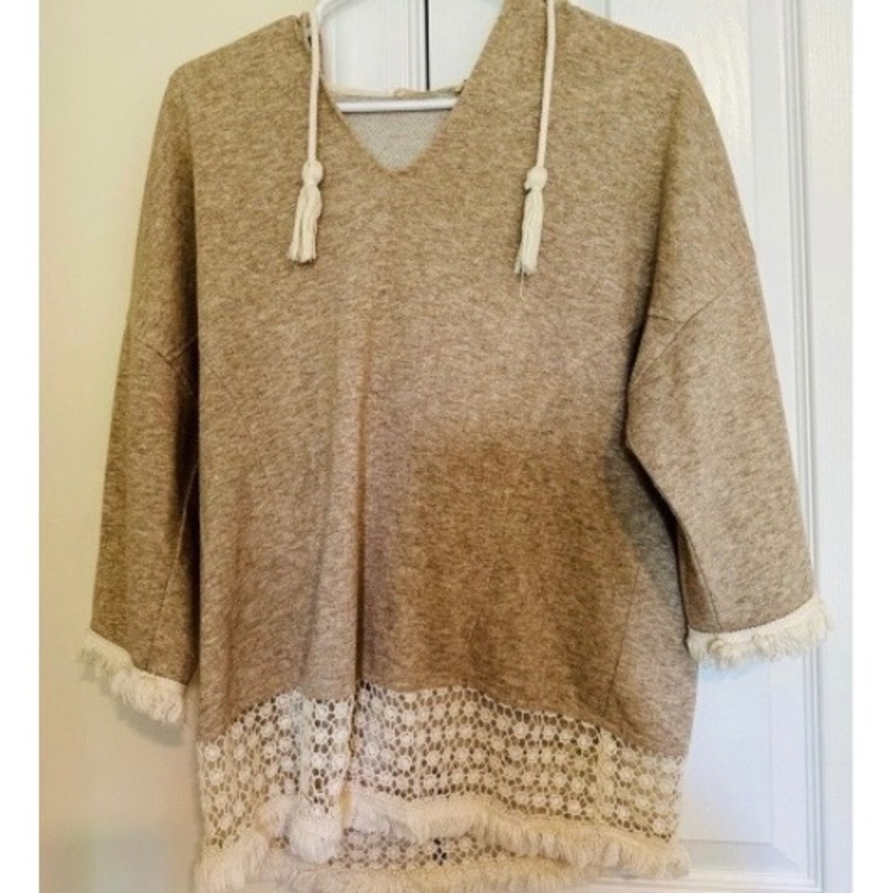 Ellison Womens Boho Crochet Lace Fringe Hoodie Sweatshirt Tan Oatmeal Small - Picture 2 of 9